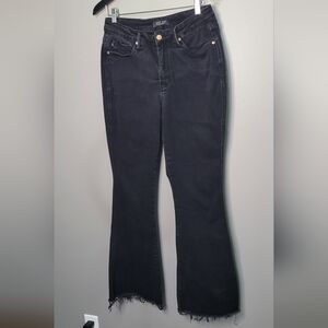 Judy Blue Black Distressed Flare Jeans High Rise Stretch Raw Hem 14